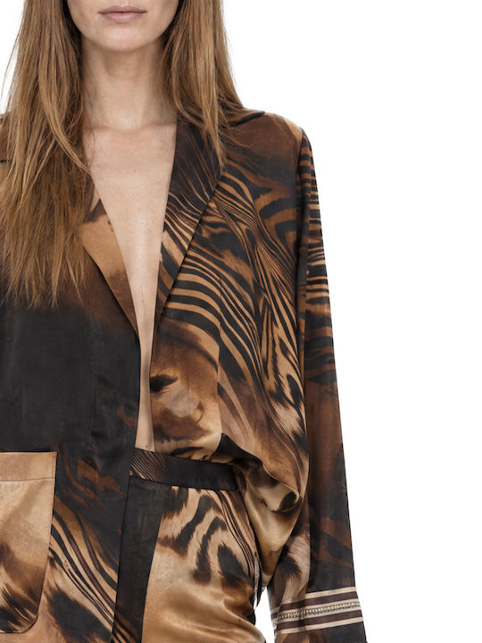 Women's High-Waisted Satin Trousers with Elastic Waistband in a Relaxed Fit Leopard Print Brown-Black-Beige