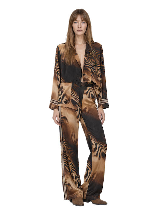 Women's High-Waisted Satin Trousers with Elastic Waistband in a Relaxed Fit Leopard Print Brown-Black-Beige