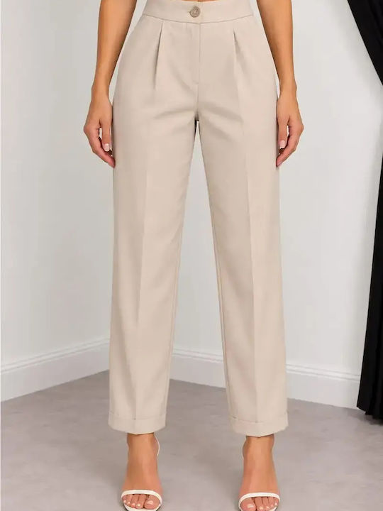 Damen-Stoffhose mit Hohem Bund in Regulärer Passform, Zartbeige