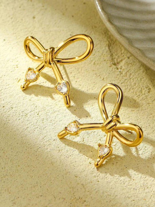 Stainless Steel Bow Earrings with Stones Gold