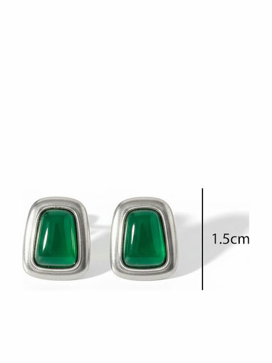 Silver Steel Earrings with Green Stone