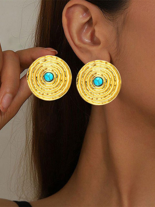 Steel Earrings with Textured Circular Design Turquoise Detail Gold Silver