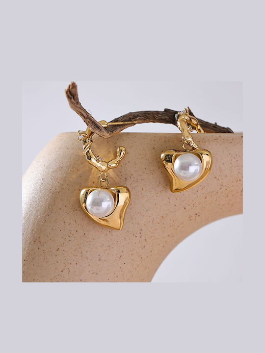 Stainless Steel Earrings Heart Pearl & Rhinestone Gold Stainless Steel Earrings Heart Pearl & Rhinestone Gold
