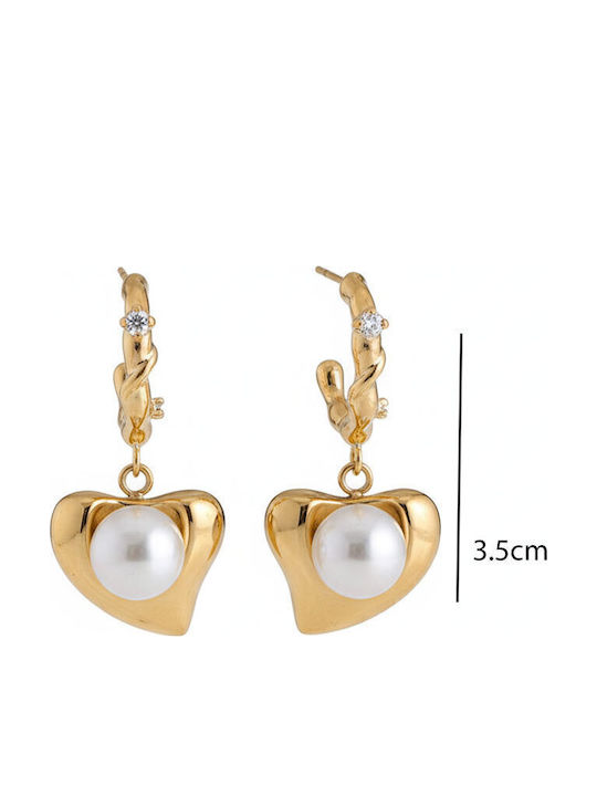 Stainless Steel Earrings Heart Pearl & Rhinestone Gold