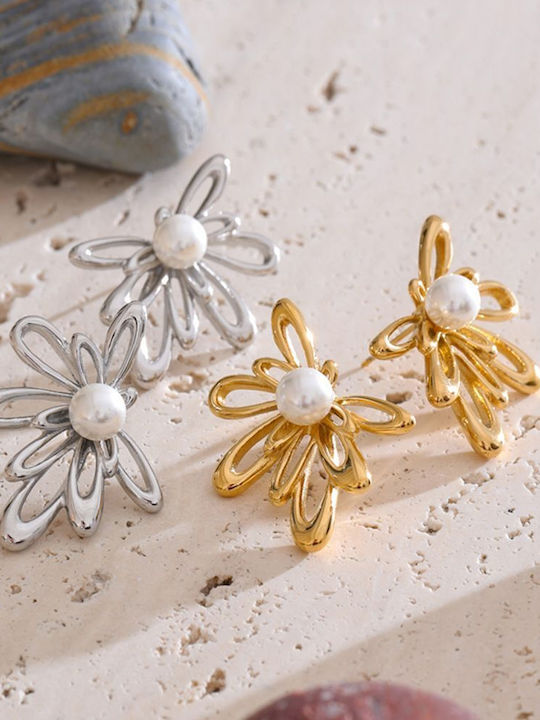 Steel Flower Pearl Gold Earrings Steel Flower Pearl Gold Earrings