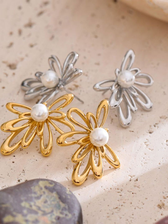 Steel Flower Pearl Gold Earrings