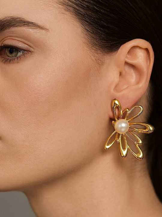 Steel Flower Pearl Gold Earrings