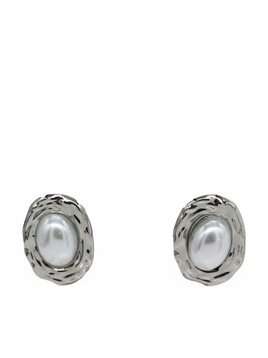 Silver Steel Oval Pearl Earrings