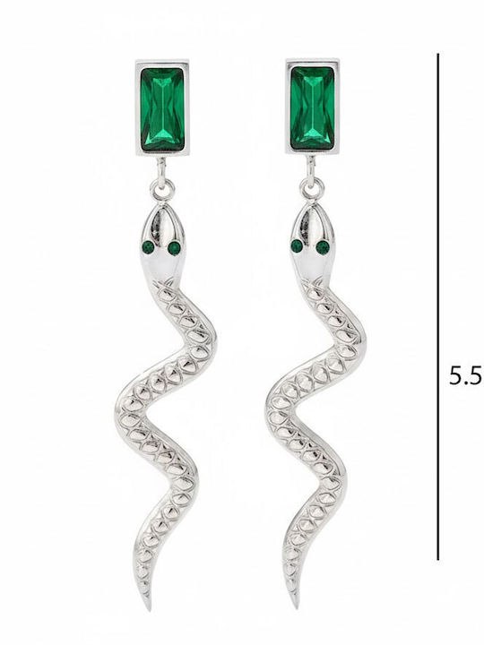 Silver Steel Earrings Snake Green Crystal