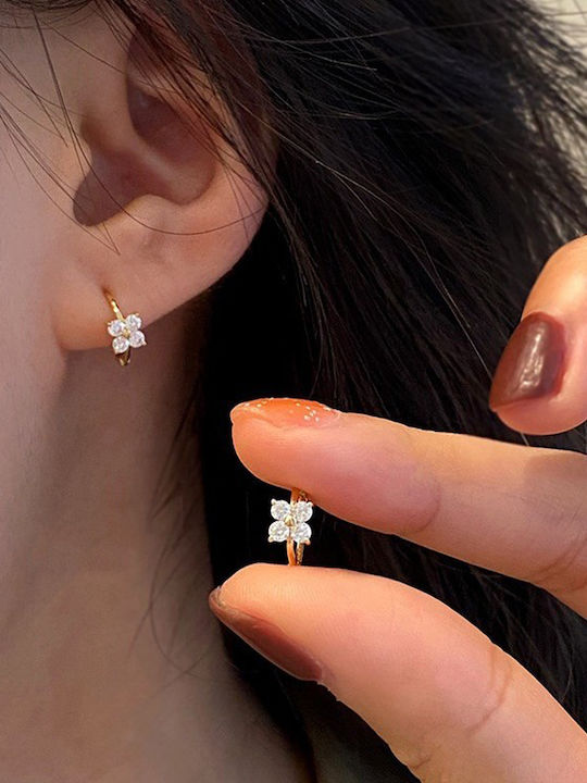 Steel Hoop Earrings Flower Rhinestones Gold Silver