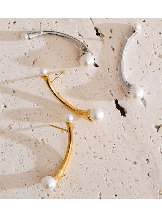 Stainless Steel Curved Pearl Earrings Gold