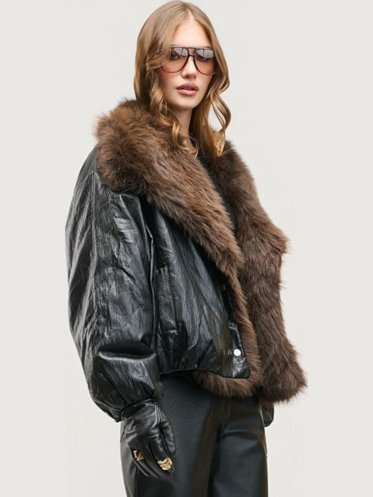 Women's Biker Jacket with Fur Lining Black
