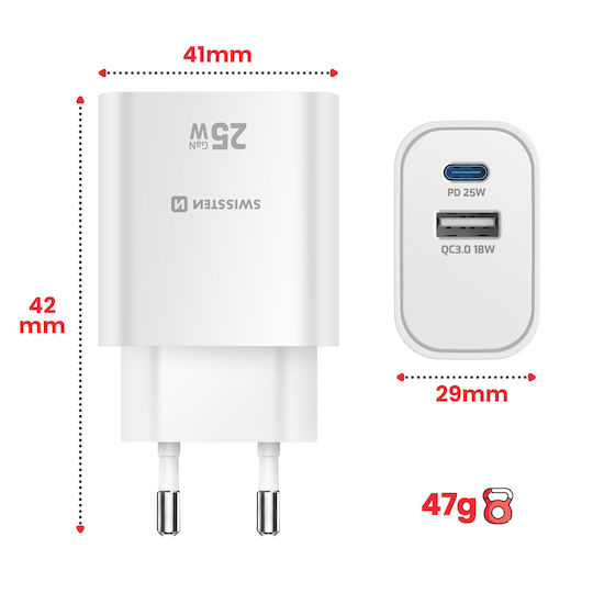 Swissten GaN Charger Without Cable with USB-A Port and USB-C Port 25W Power Delivery White (22071715)