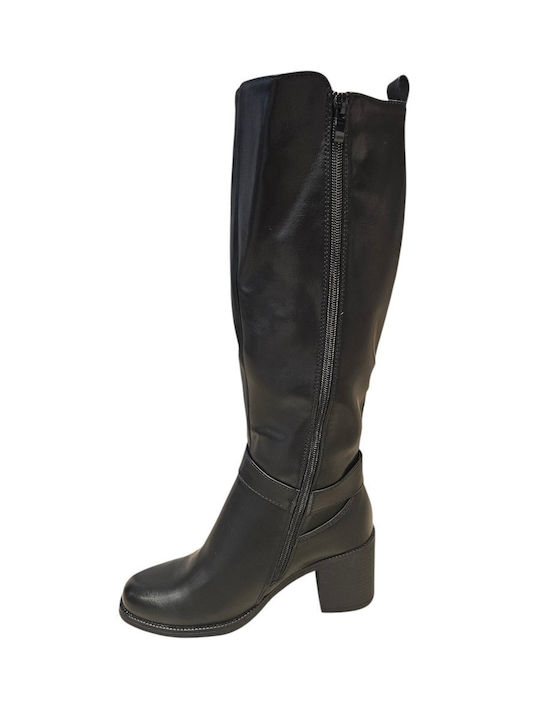 Black Leather Women's Boots with Medium Heel
