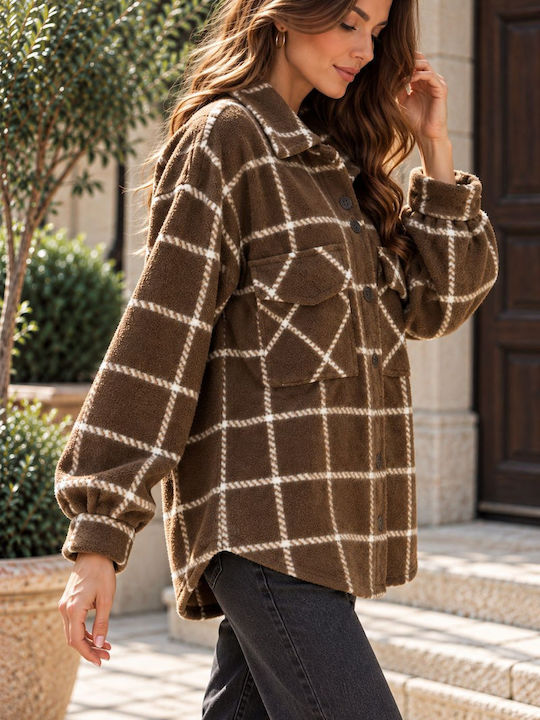 Long Sleeve Women's Brown Checked Denim Shirt