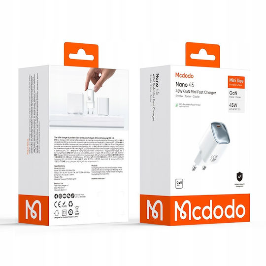 Mcdodo Зарядно Устройство с Вграден GaN Кабел с USB-C Порт 45W Quick Charge 3.0 Бял (Nano 45)