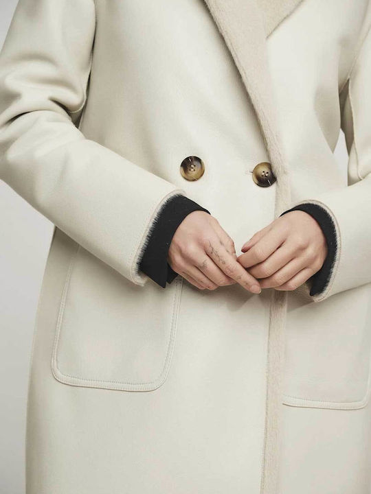 Ivon Leather Women's Coat Ecru with Fur Details
