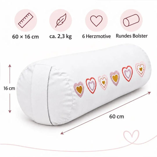 Yoga Bolster Round Yoga Pillow White Hearts Organic Cotton 60x16cm