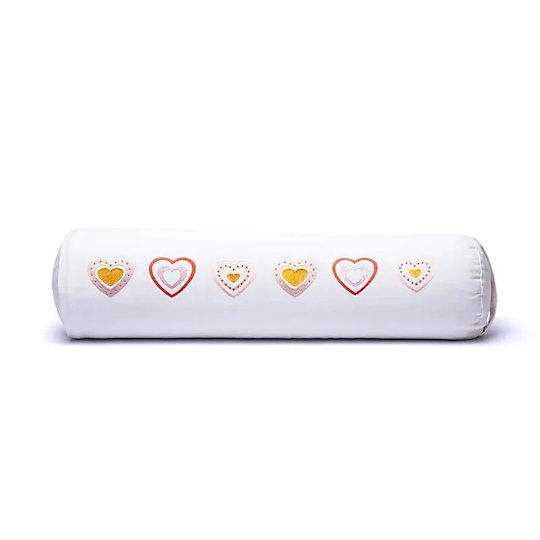 Yoga Bolster Round Yoga Pillow White Hearts Organic Cotton 60x16cm