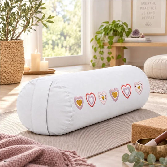 Yoga Bolster Round Yoga Pillow White Hearts Organic Cotton 60x16cm