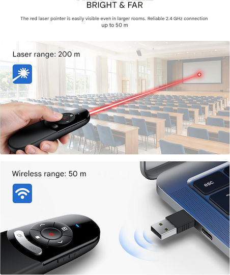 Wireless Presenter Dual Usb-c Usb-a Receiver 200 Mw Red Laser Pointer 50 M Range Plug Play Volume Control Hyperlink Powerpoint Macbook Pc Black