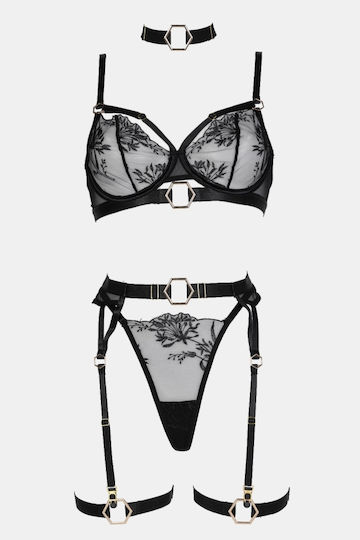 Set de lenjerie intimă transparent cu balene și jartiere negru