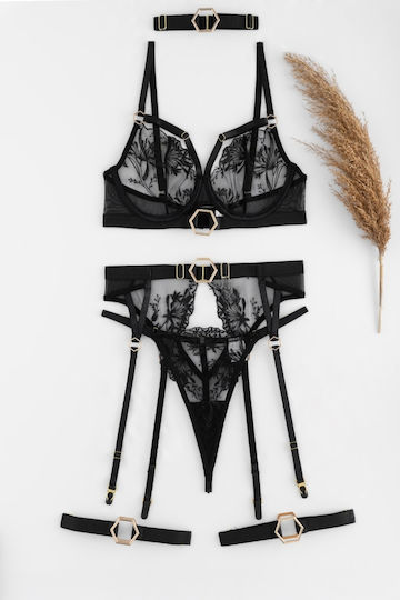 Set de lenjerie intimă transparent cu balene și jartiere negru