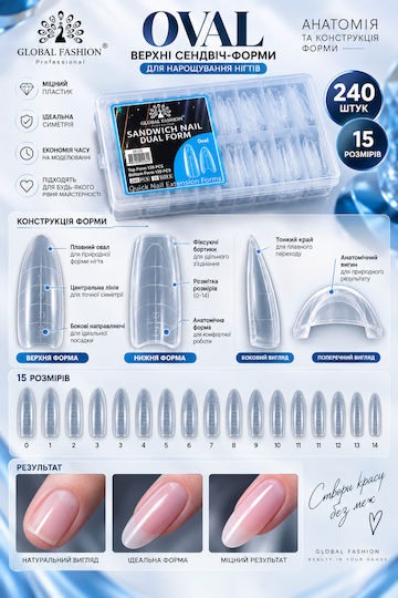 Global Fashion Oval Top Sandwich Nail Extension Forms 15 Sizes 240 Pieces Oval