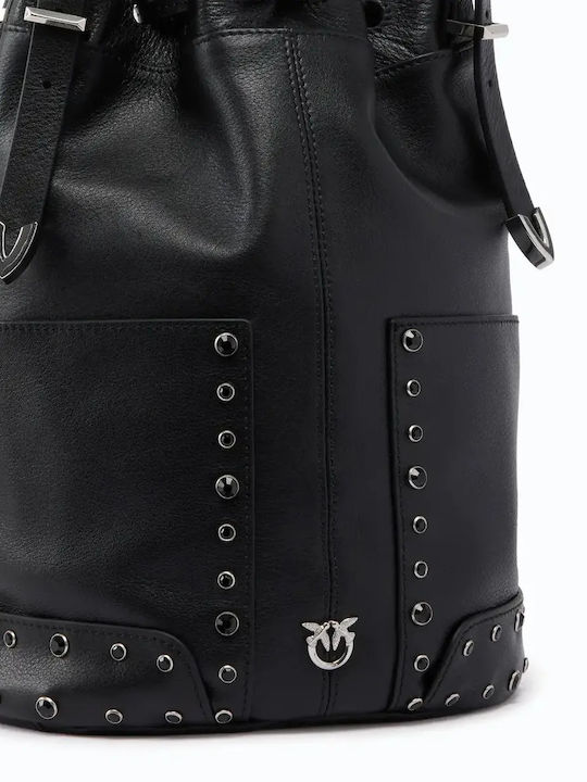 Black Leather Women's Drawstring Bag
