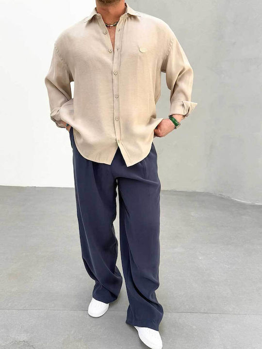 Long Sleeve Cotton Shirt in a Wide Fit Beige