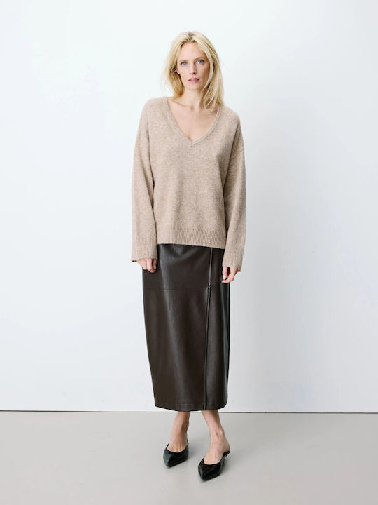 Women's Sweater with 3/4 Sleeves & V-Neck Beige