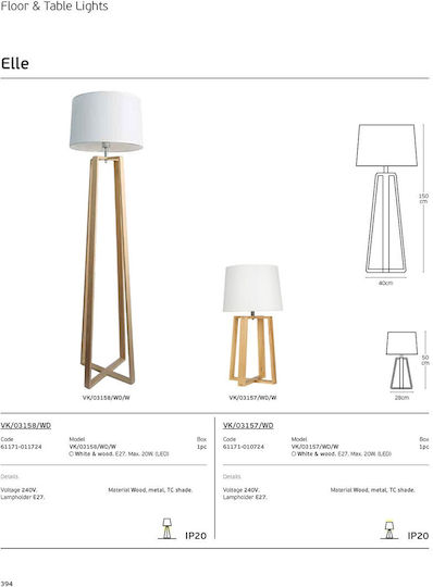 VK Lighting Wood Table Lamp for Socket E27 with White Shade and Beige Base