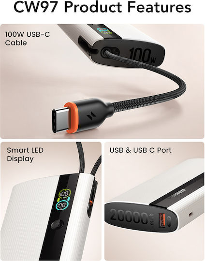Veger Baterie externă 20000mAh 100W cu Port USB-A și Port USB-C Power Delivery Alb