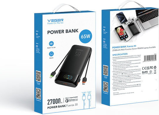 Veger W3019S Baterie Externă 27000mAh 65W cu Port USB-A și 2 Porturi USB-C Power Delivery Neagră