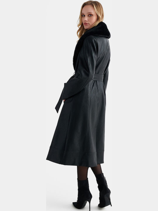 Schwarzer Damen-Ledermantel im Gabardine-Stil