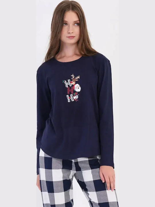 Vienetta Secret Winter Women's Cotton Pyjama Set Navy Blue