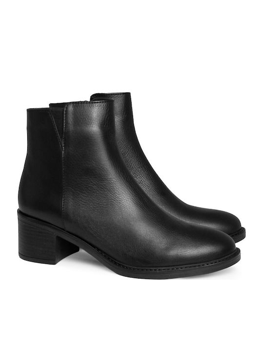 Black Leather Women's Ankle Boots with Medium Heel