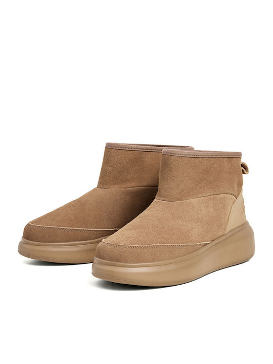 Beige Damen-Lederstiefeletten mit Pelz