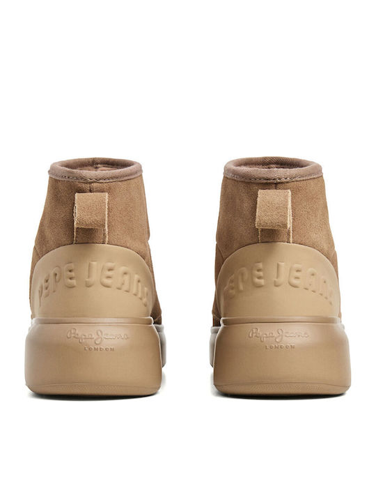 Beige Damen-Lederstiefeletten mit Pelz
