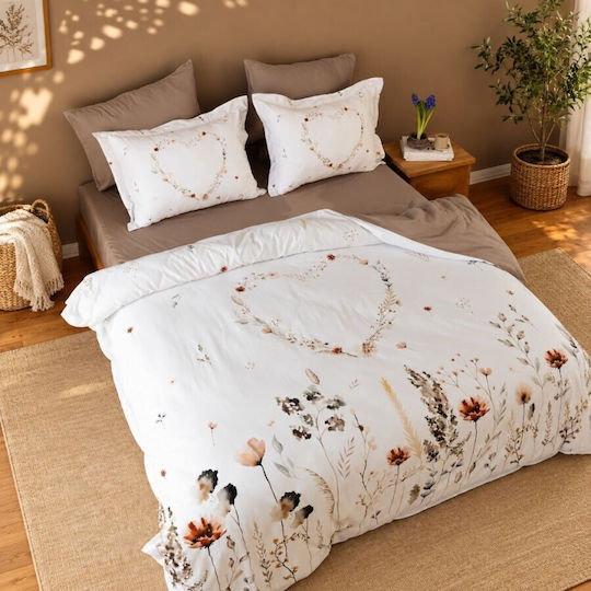 First Choice Bloomy Комплект Плик за Завивка от Памучен Сатен 200x220cm Двоен с 4 Калъфки за Възглавници & 1 Чаршаф Оранжев