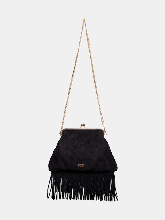 Schwarze Damen-Schultertasche aus Stoff und Wildleder mit Fransen