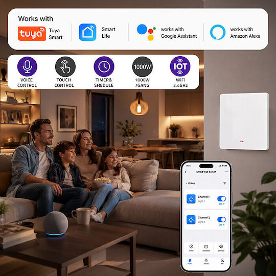 Qoltec Wall-Mounted Wi-Fi One-Way Wall Switch with White Frame