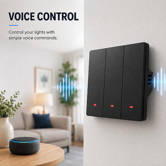 Qoltec Wall-Mounted Wi-Fi Triple Wall Switch with Frame Black