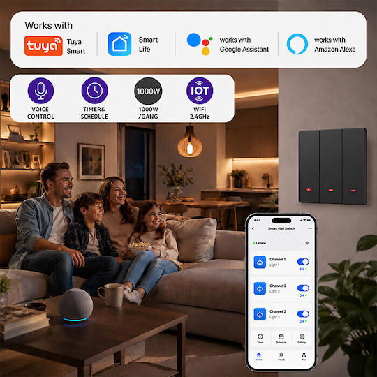 Qoltec Wall-Mounted Wi-Fi Triple Wall Switch with Frame Black