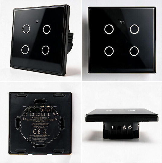 Qoltec Wall-Mounted Quadruple Wi-Fi Touch Wall Switch with Black Frame