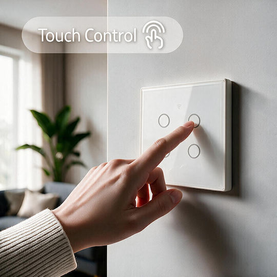 Qoltec Wall-Mounted Quadruple Wi-Fi Touch Wall Switch with White Frame