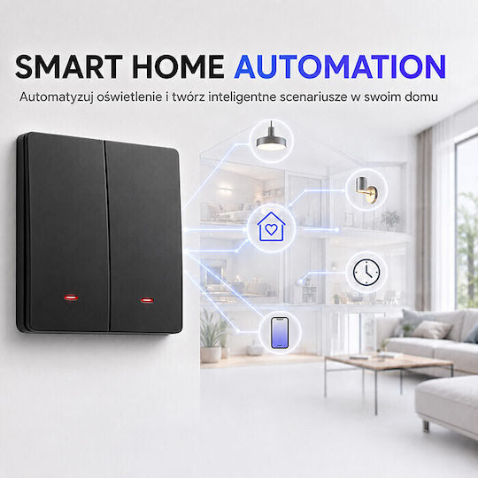 Qoltec Wall-Mounted Double Wi-Fi Wall Switch with Frame Black