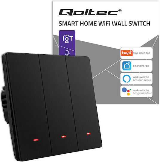 Qoltec Wall-Mounted Wi-Fi Triple Wall Switch with Frame Black