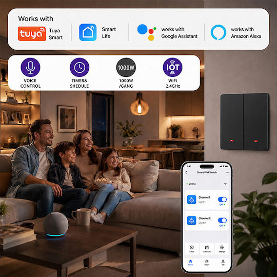 Qoltec Wall-Mounted Double Wi-Fi Wall Switch with Frame Black