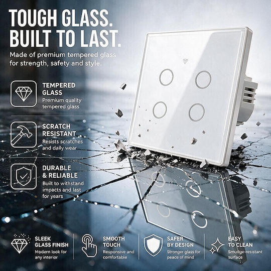 Qoltec Wall-Mounted Quadruple Wi-Fi Touch Wall Switch with White Frame